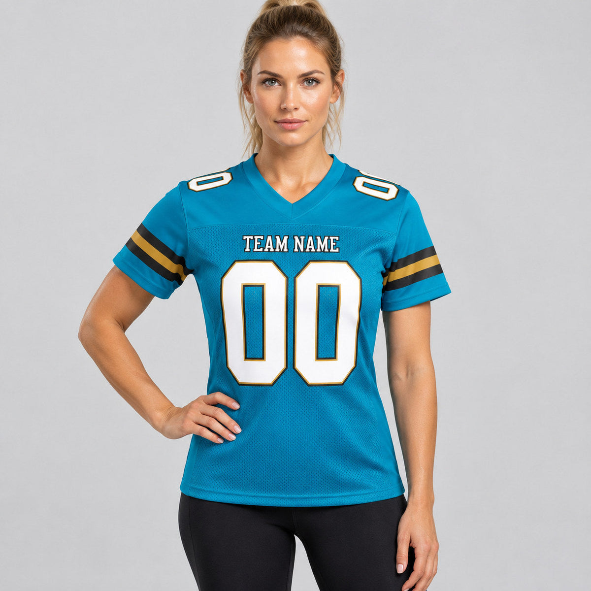 Custom Panther Blue Mesh Authentic Football Jersey with White and Old Gold Lettering Design 0022 worn by female model