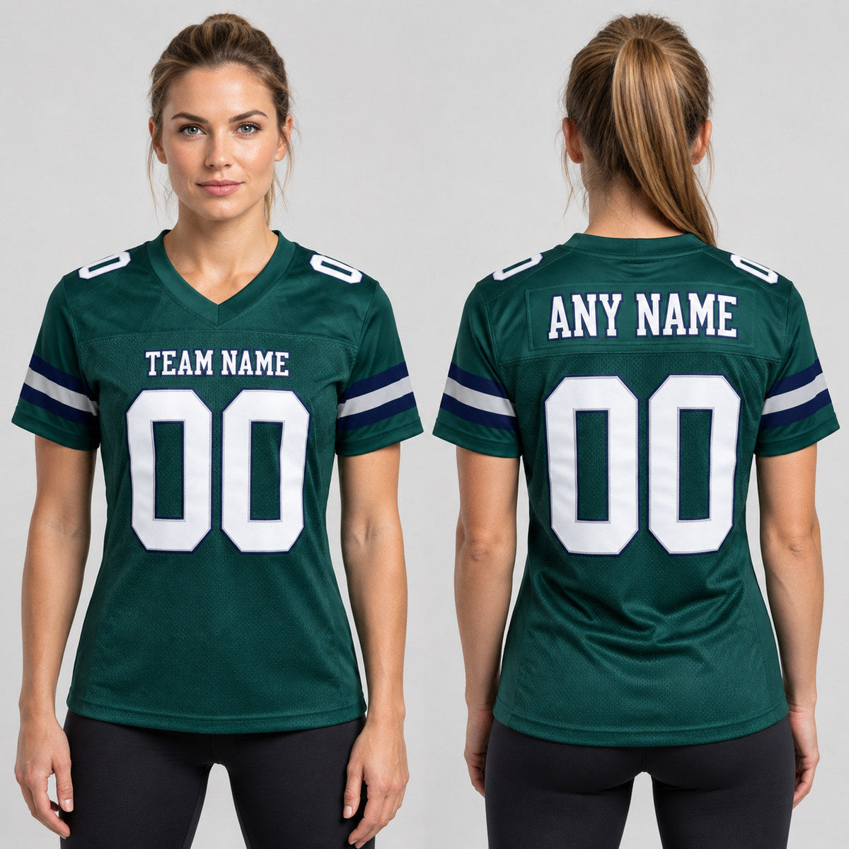 Custom Midnight Green Mesh Authentic Football Jersey with White and Navy Lettering worn by female model