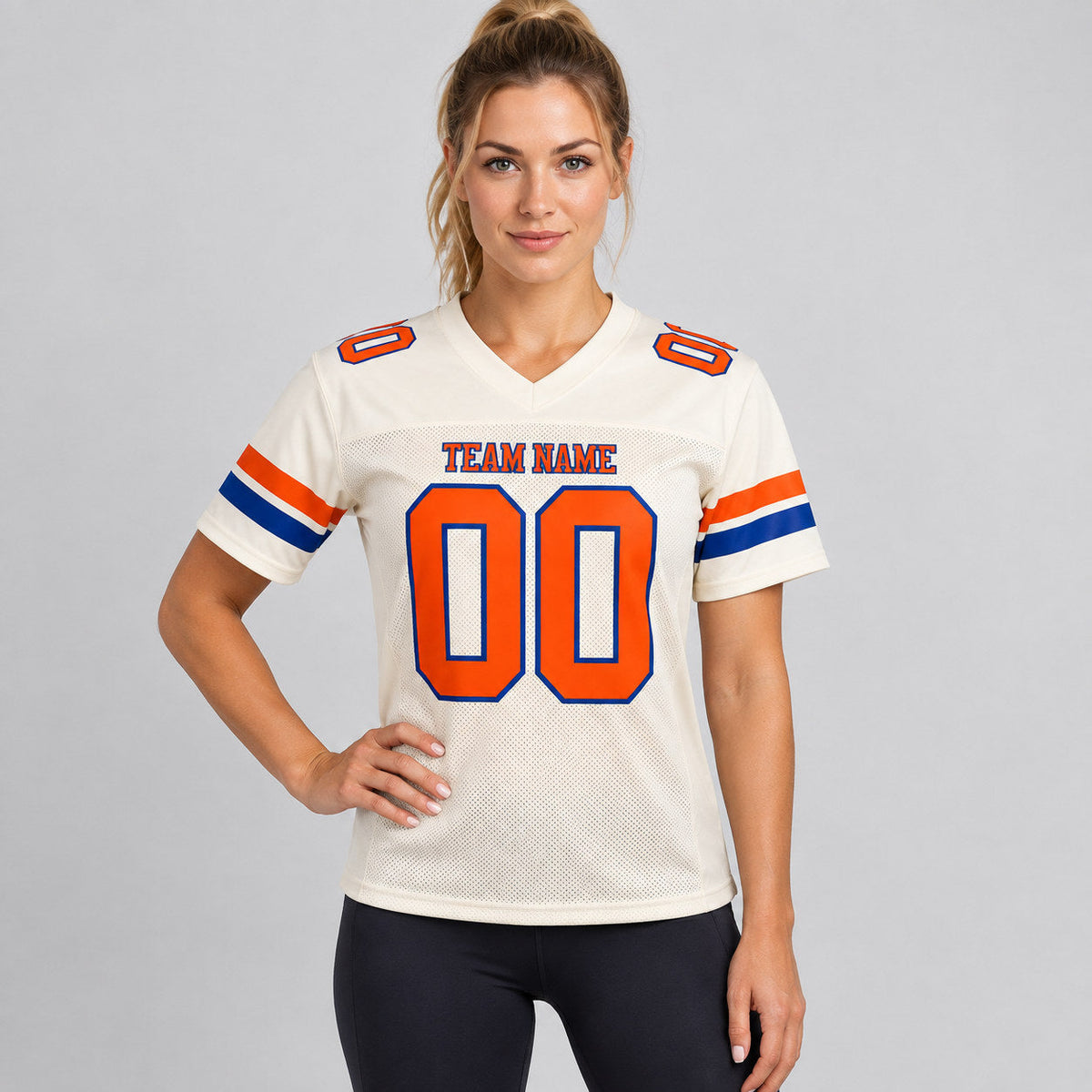 Custom Cream Mesh Authentic Football Jersey with Orange and Royal Lettering Design 0143 worn by female model