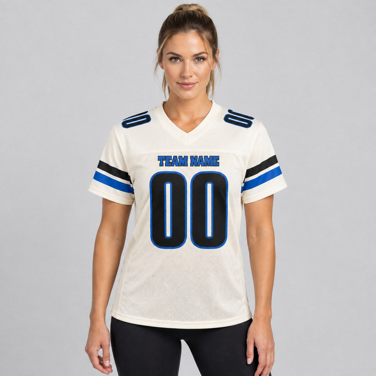 Custom Cream Mesh Authentic Football Jersey with Blue and Black Lettering worn by female model