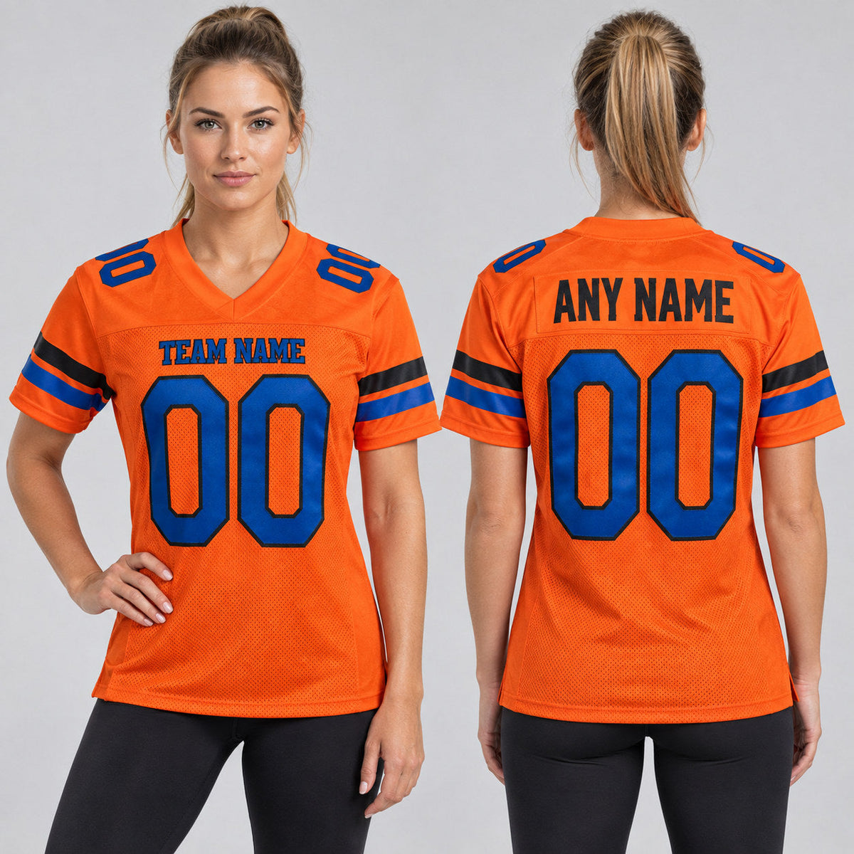 Custom Orange Mesh Authentic Football Jersey with Royal and Black Lettering worn by female model