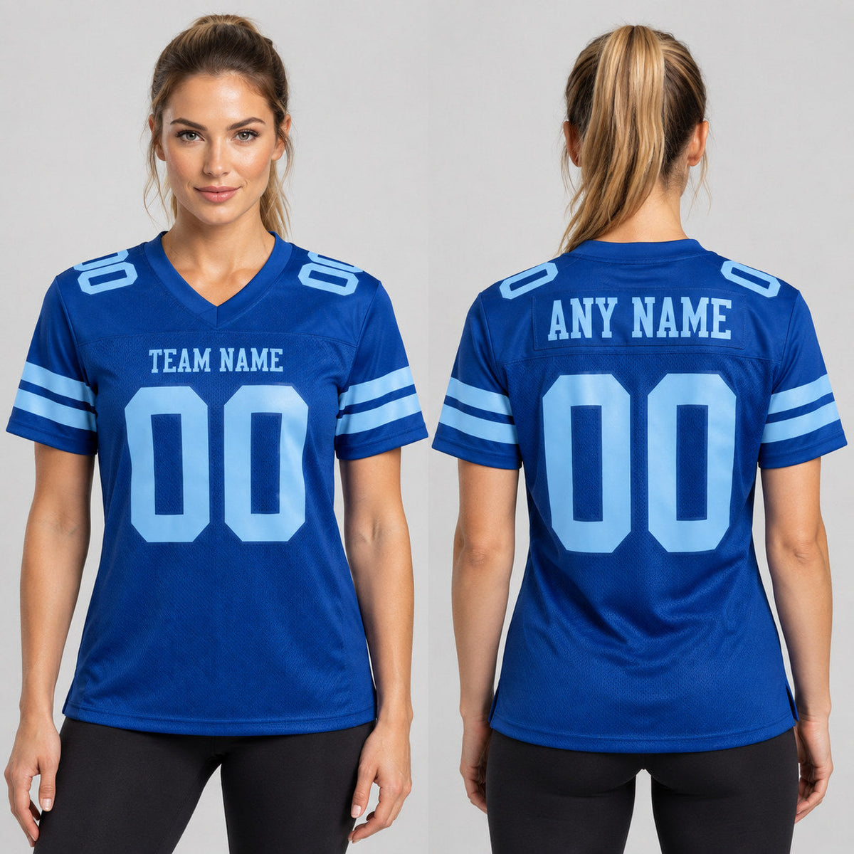 Custom Royal Mesh Authentic Football Jersey with Royal and Light Blue Lettering worn by female model
