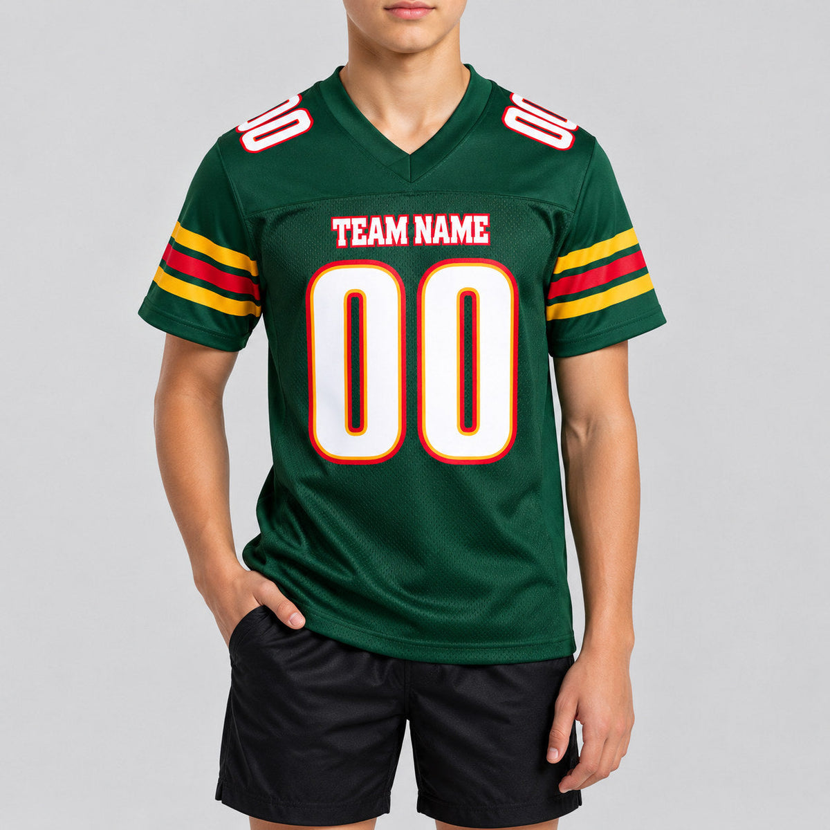 Custom Green Mesh Authentic Football Jersey with White and Red Lettering Design 0078 youth size worn by child model