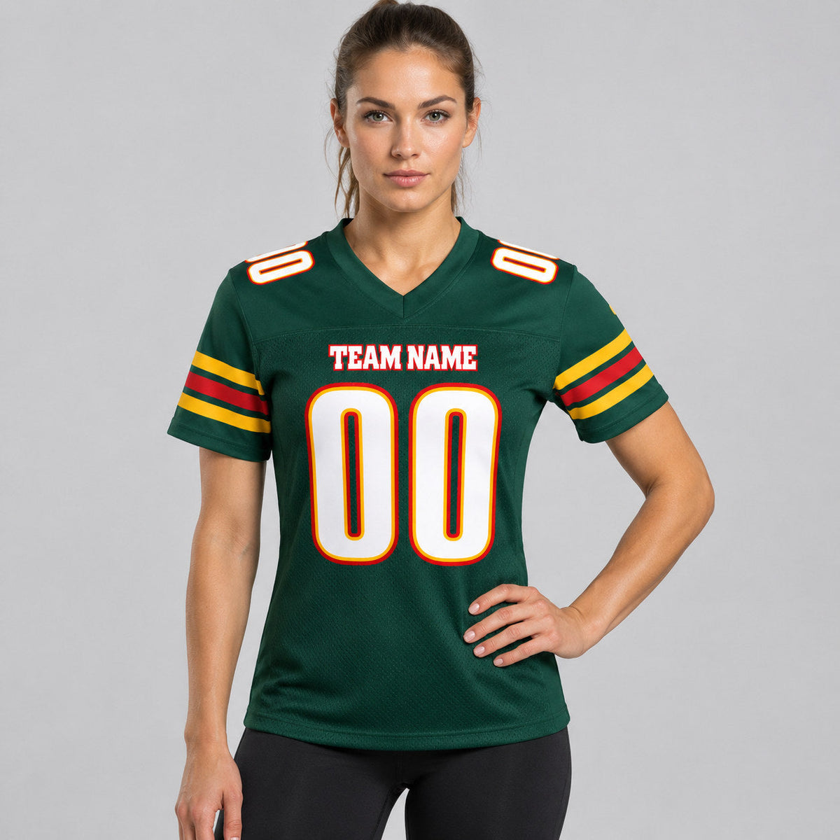 Custom Green Mesh Authentic Football Jersey with White and Red Lettering Design 0078 worn by female model