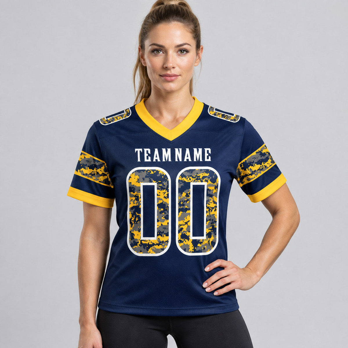 Custom Navy Camo Digital Camouflage Panel Authentic Football Jersey with White and Gold Lettering worn by female model