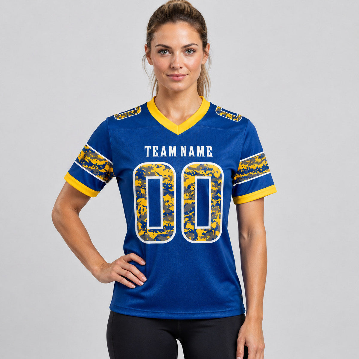 Custom Royal Camo Digital Camouflage Panel Authentic Football Jersey with White and Gold Lettering worn by female model