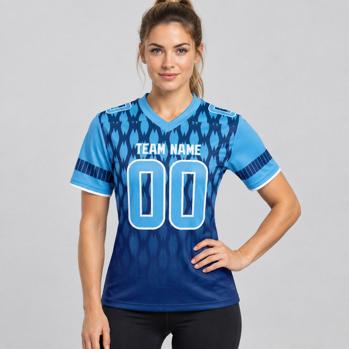 Custom Royal Geometric Pixel Grid Fade Authentic Football Jersey with Light Blue and White Lettering worn by female model