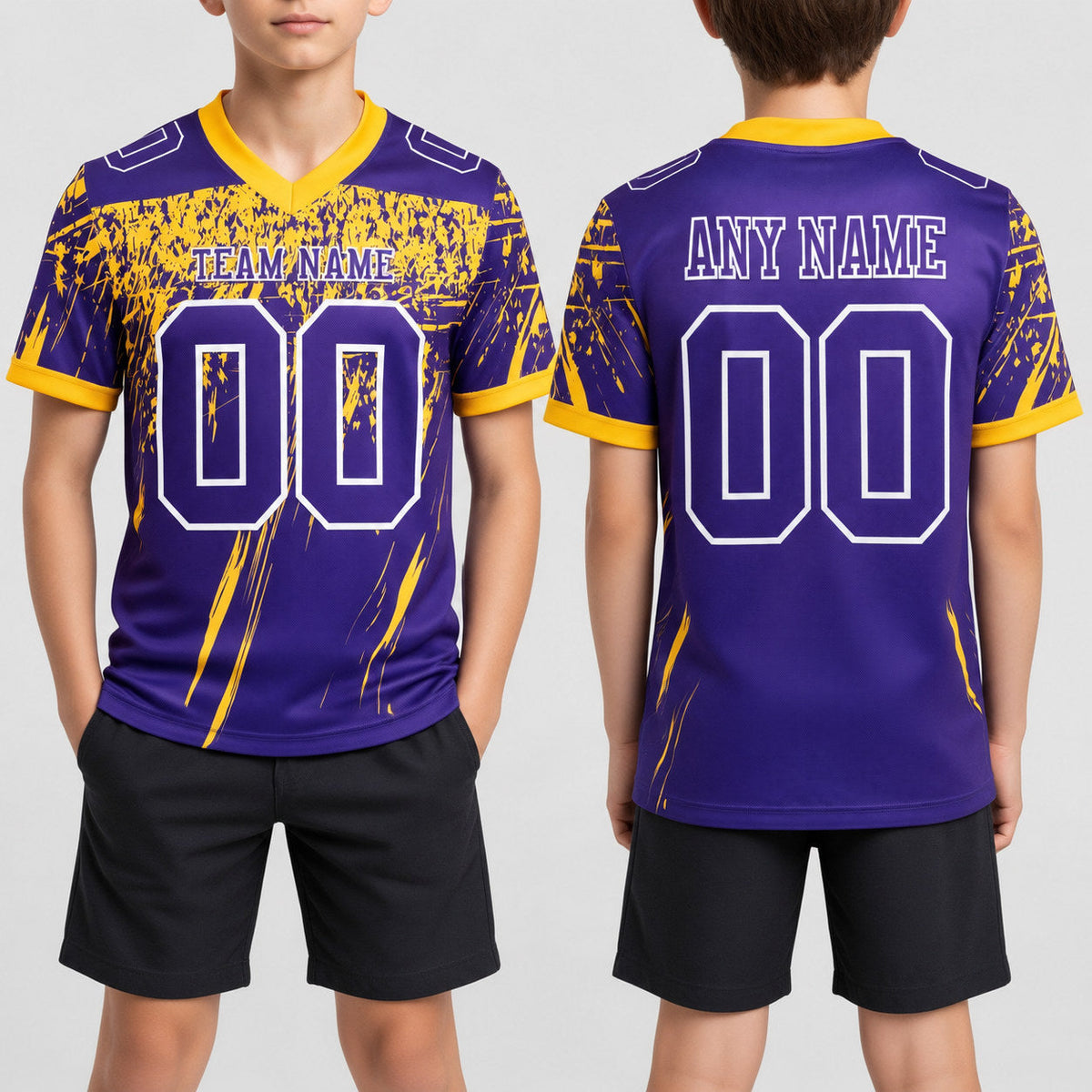 Custom Purple Distressed Scratch Brush Authentic Football Jersey with Yellow and White Lettering youth size worn by child model