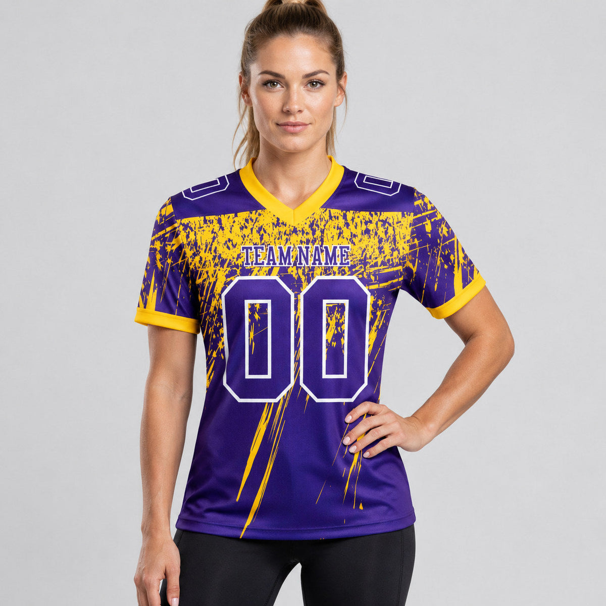 Custom Purple Distressed Scratch Brush Authentic Football Jersey with Yellow and White Lettering worn by female model