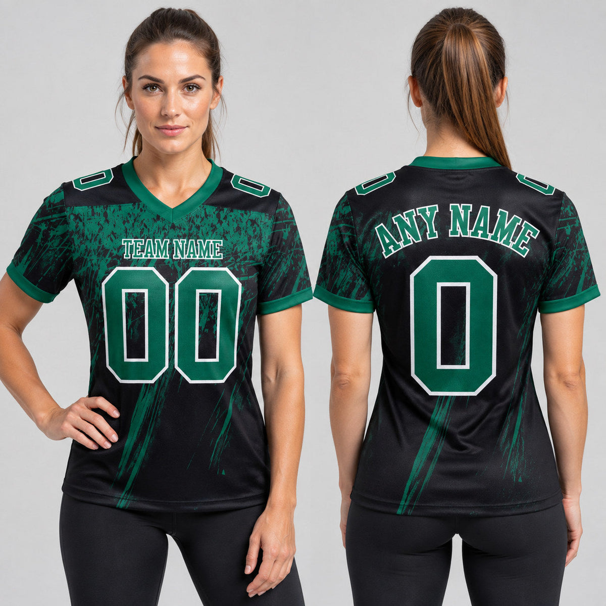Custom Black Distressed Scratch Brush Authentic Football Jersey with Kelly Green and White Lettering worn by female model