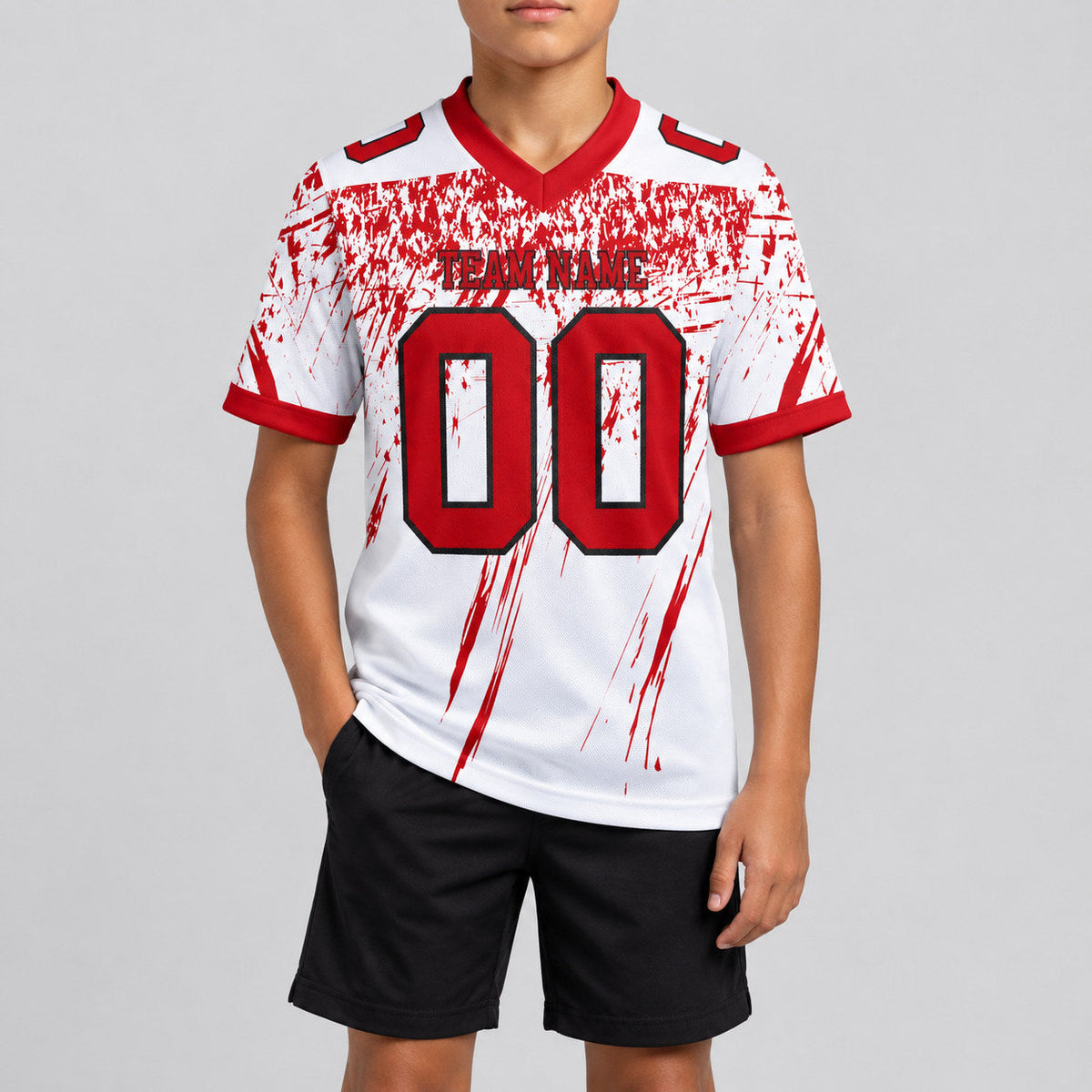 Custom White Distressed Scratch Brush Stroke Authentic Football Jersey with Red and Black Lettering youth size worn by child model