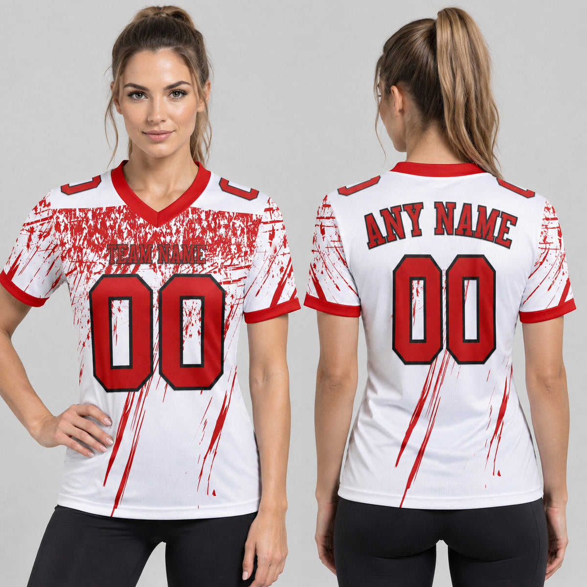 Custom White Distressed Scratch Brush Stroke Authentic Football Jersey with Red and Black Lettering worn by female model