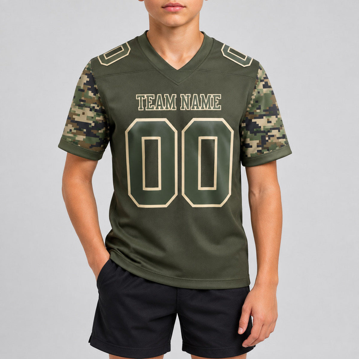 Custom Olive and Cream Camo Salute To Service Authentic Two Tone 7v7 Flag Football Jersey youth size worn by child model