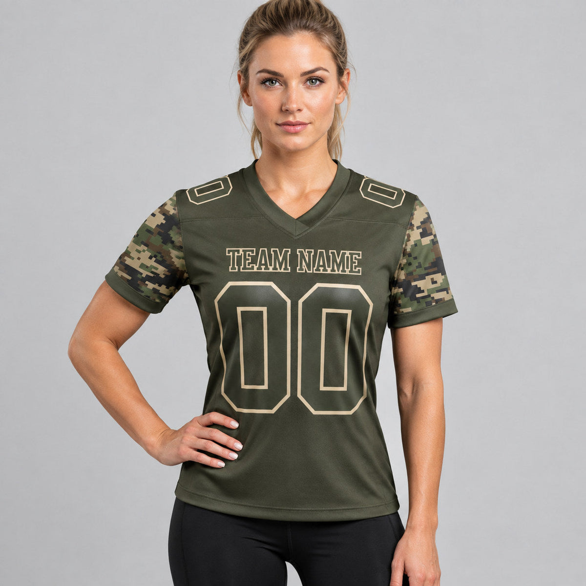 Custom Olive and Cream Camo Salute To Service Authentic Two Tone 7v7 Flag Football Jersey worn by female model