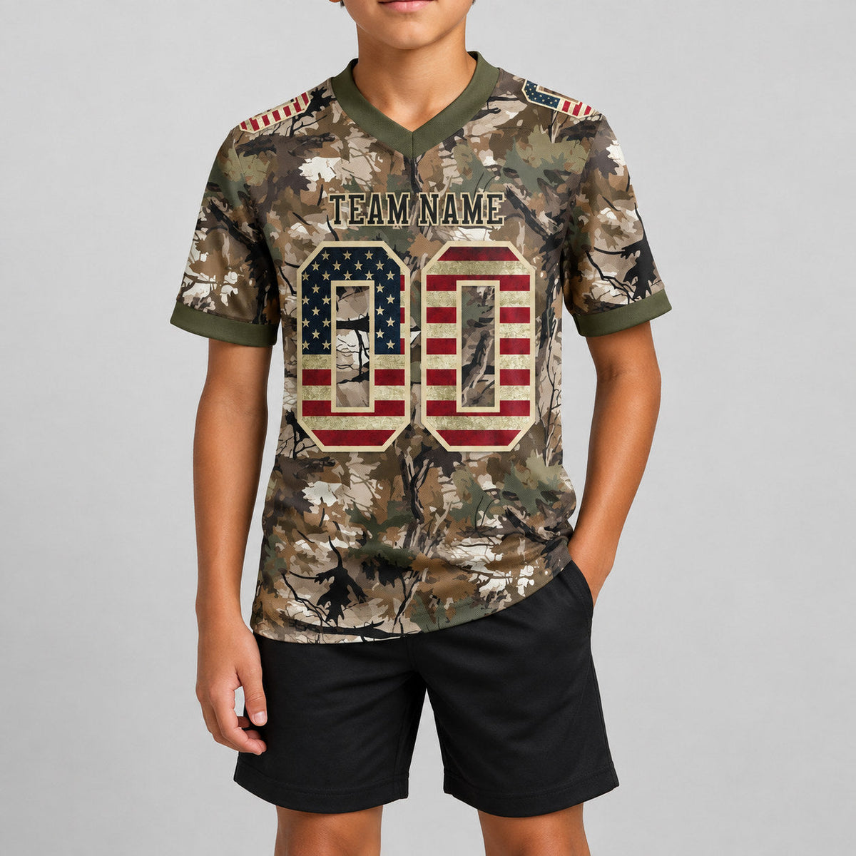 Custom Cream Camo Vintage USA Authentic 7v7 Flag Football Jersey with Black and Olive Lettering youth size worn by child model