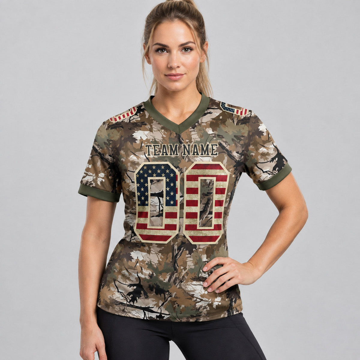 Custom Cream Camo Vintage USA Authentic 7v7 Flag Football Jersey with Black and Olive Lettering worn by female model