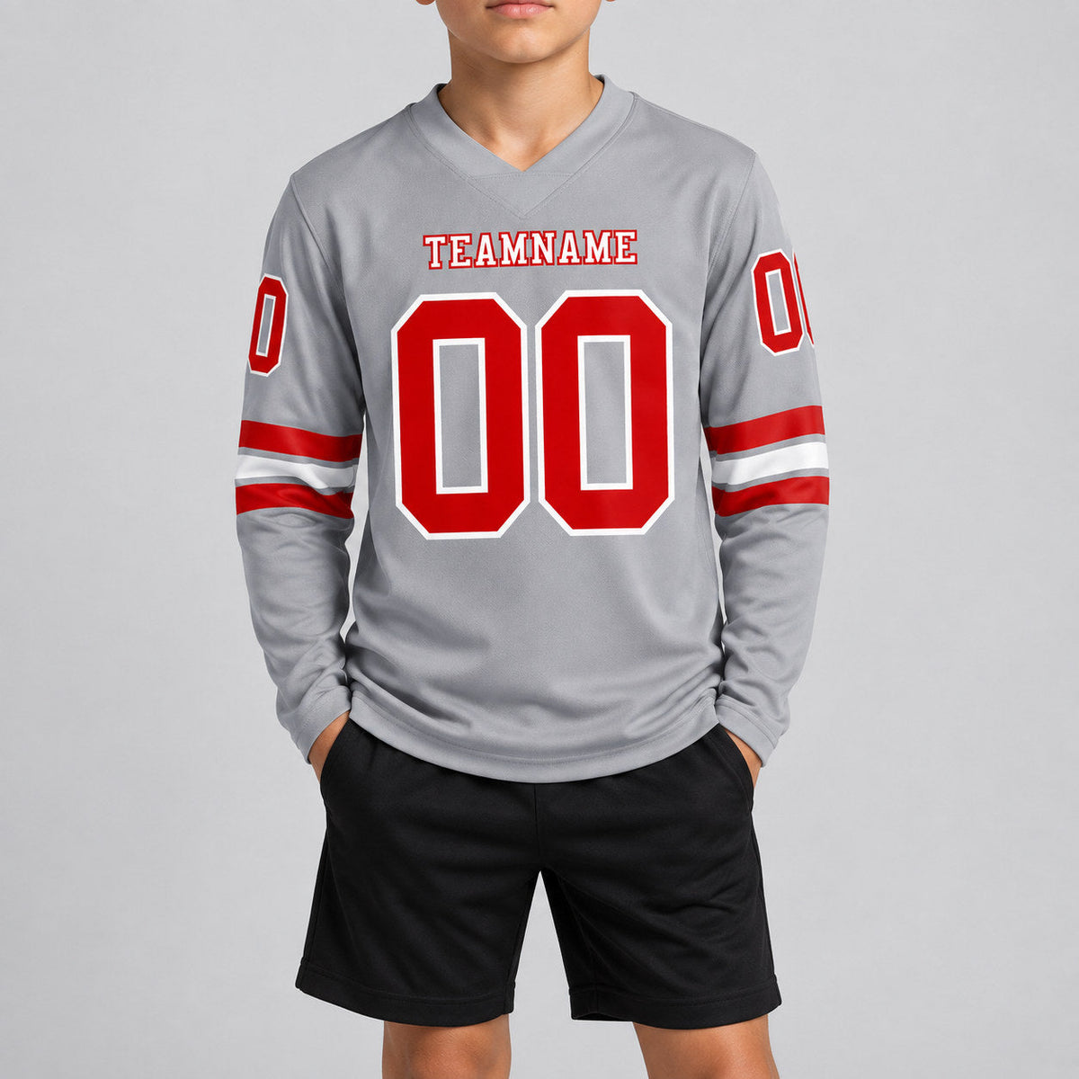 Custom Gray Long Sleeve Authentic Football Jersey with Red and White Lettering youth size worn by child model