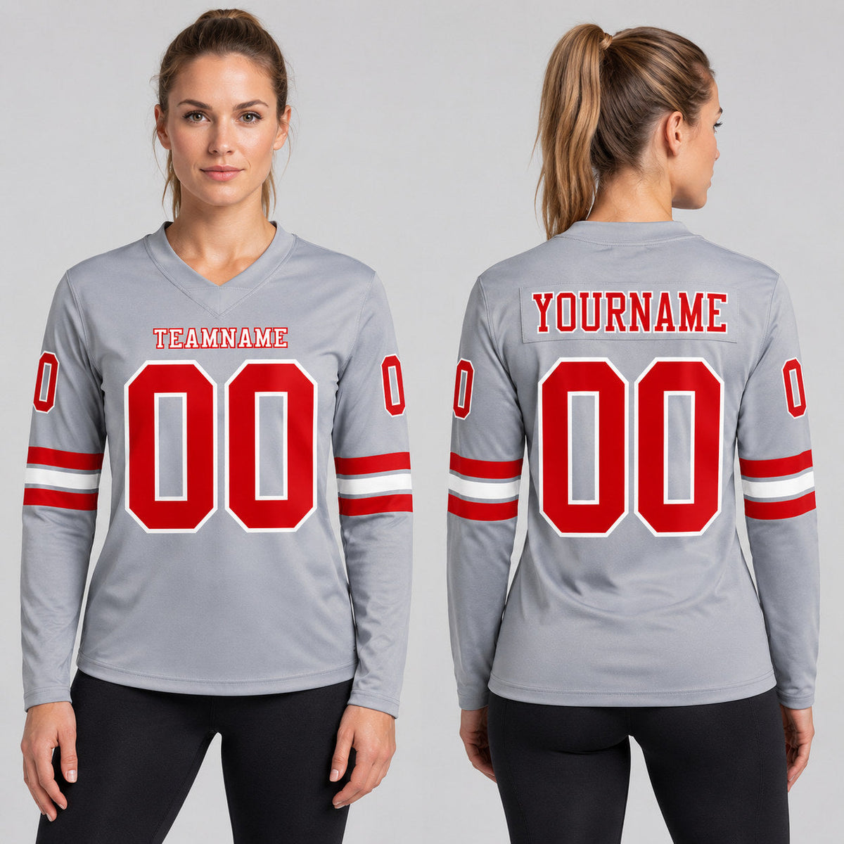 Custom Gray Long Sleeve Authentic Football Jersey with Red and White Lettering worn by female model