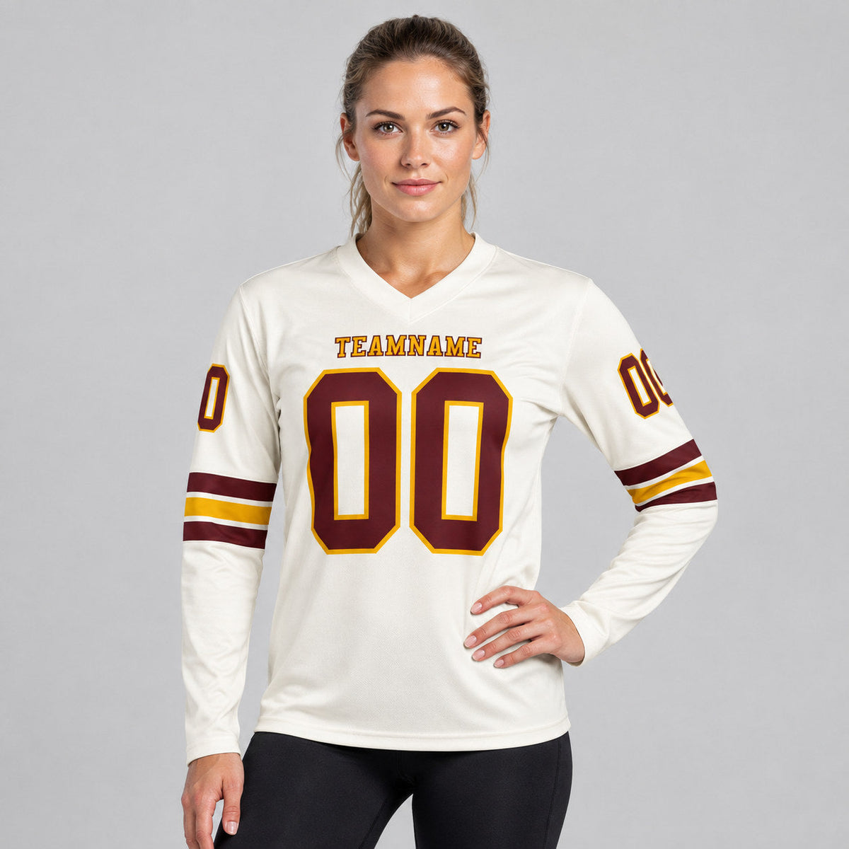Custom Cream Long Sleeve Authentic Football Jersey with Burgundy and Gold Lettering worn by female model