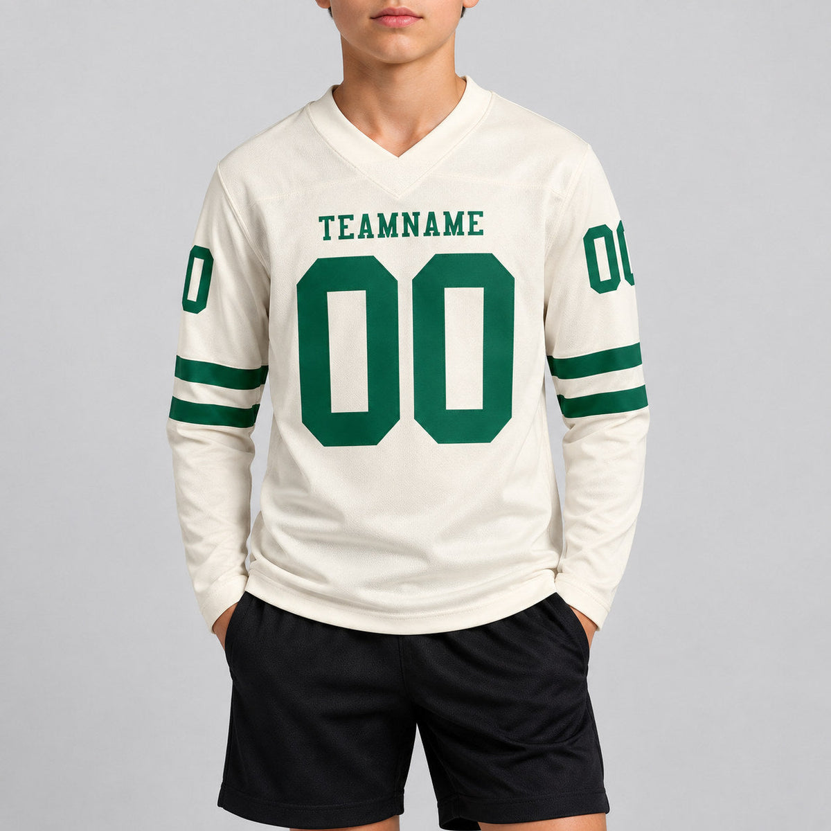 Custom Cream Long Sleeve Authentic Football Jersey with Kelly Green Lettering youth size worn by child model