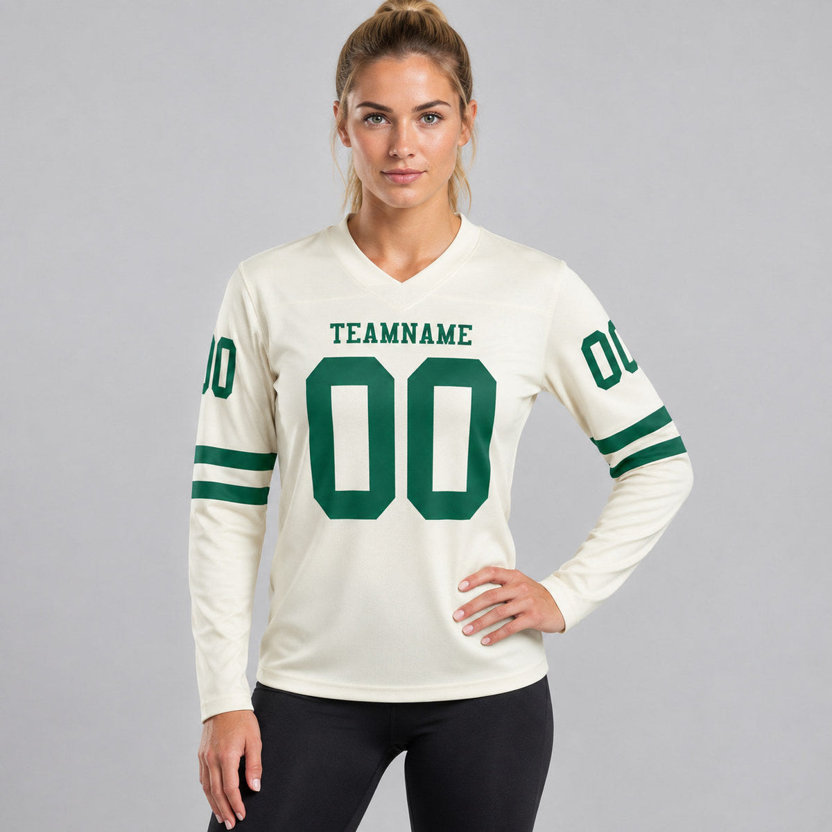 Custom Cream Long Sleeve Authentic Football Jersey with Kelly Green Lettering worn by female model