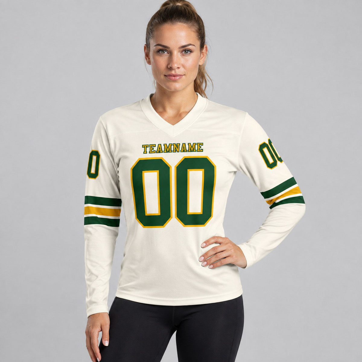 Custom Cream Long Sleeve Authentic Football Jersey with Green and Gold Lettering worn by female model