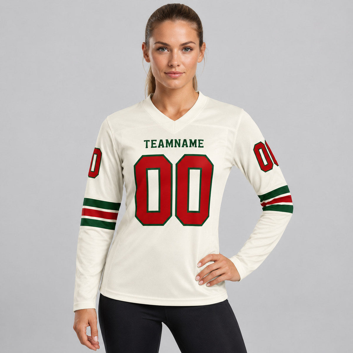 Custom Cream Long Sleeve Authentic Football Jersey with Red and Green Lettering worn by female model