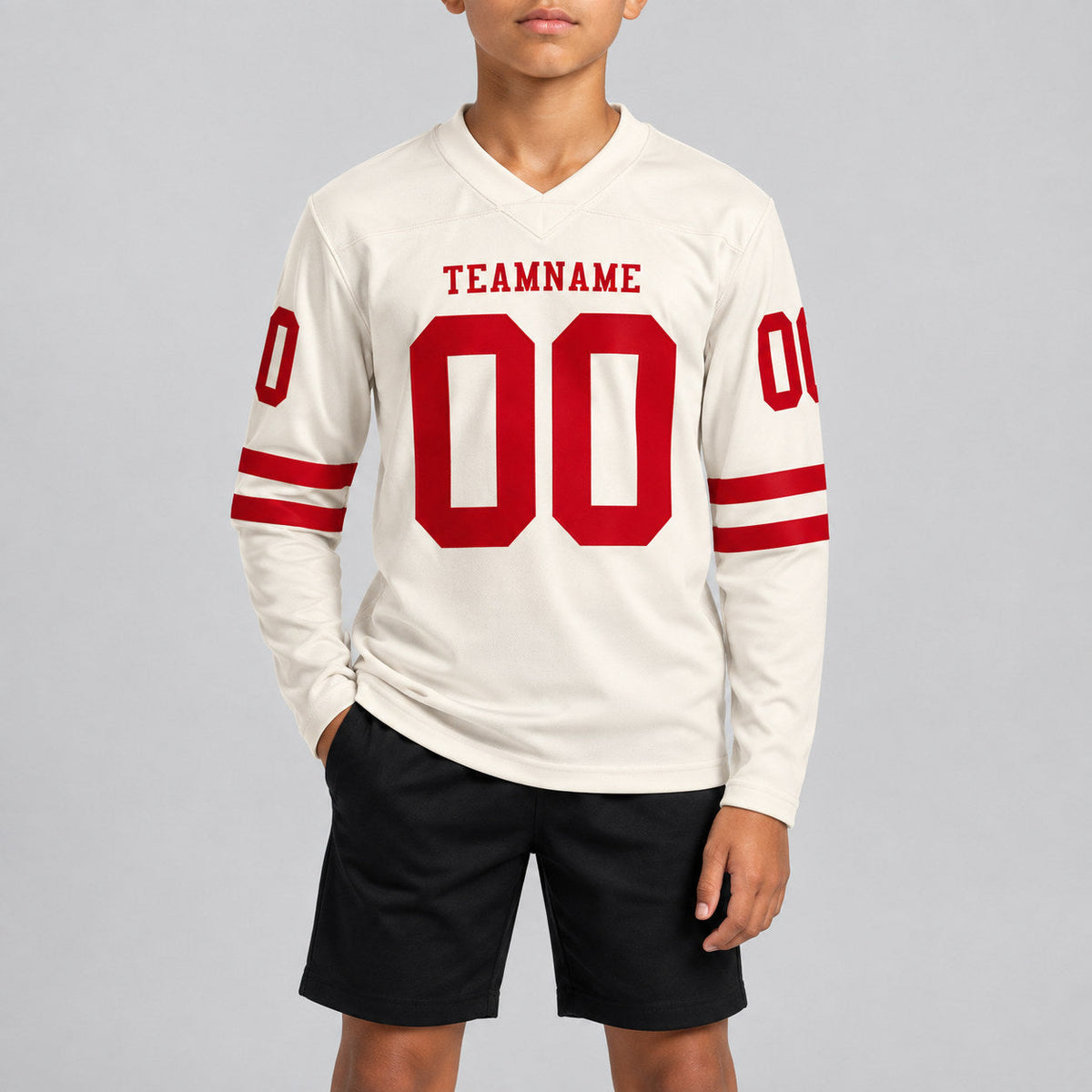 Custom Cream Long Sleeve Authentic Football Jersey with Red Lettering youth size worn by child model