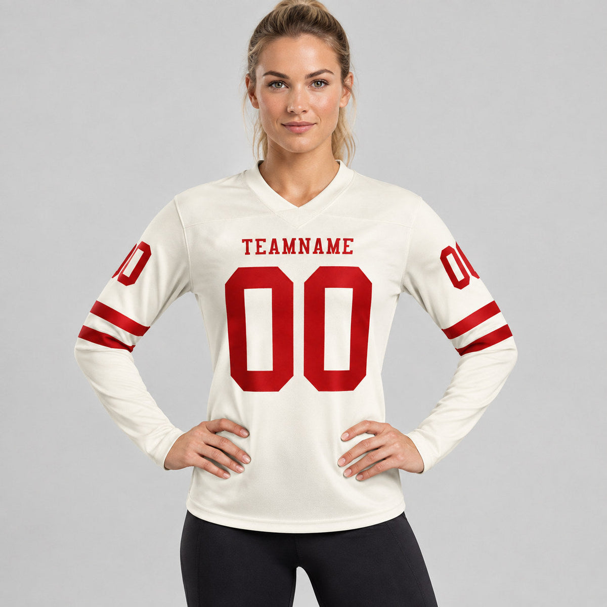 Custom Cream Long Sleeve Authentic Football Jersey with Red Lettering worn by female model