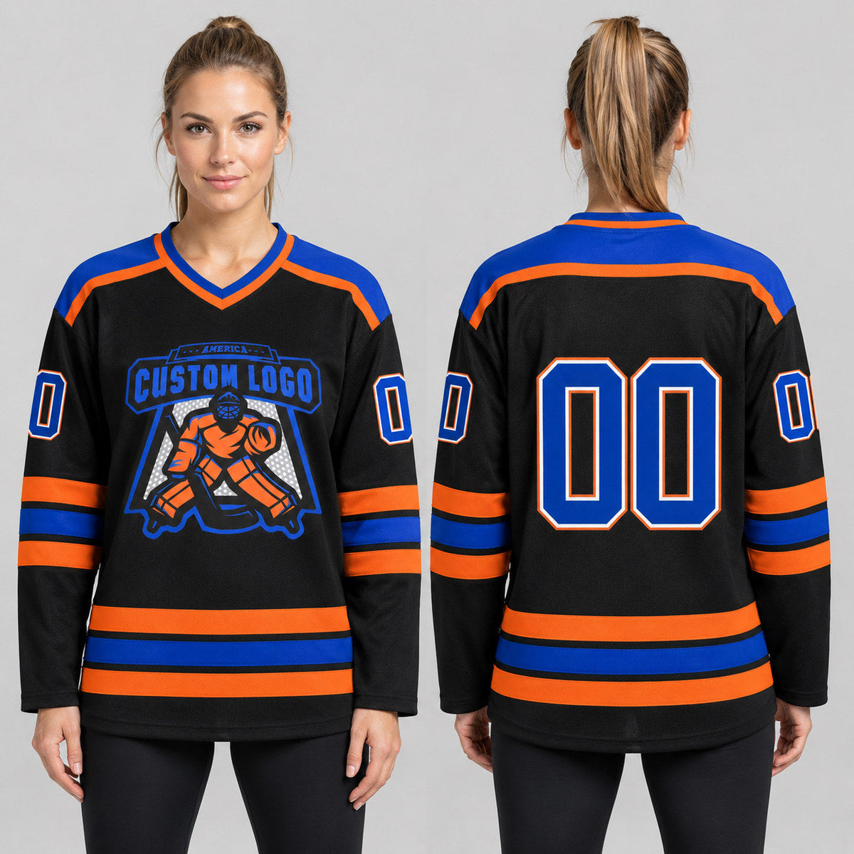 Custom Black and Royal Hockey Jersey with White and Orange Lettering worn by female model