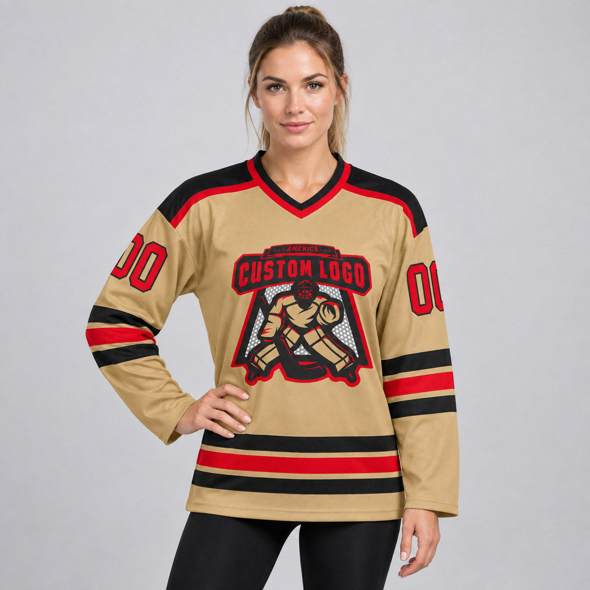 Custom Old Gold Hockey Jersey with Red and Black Lettering Design 0035 worn by female model