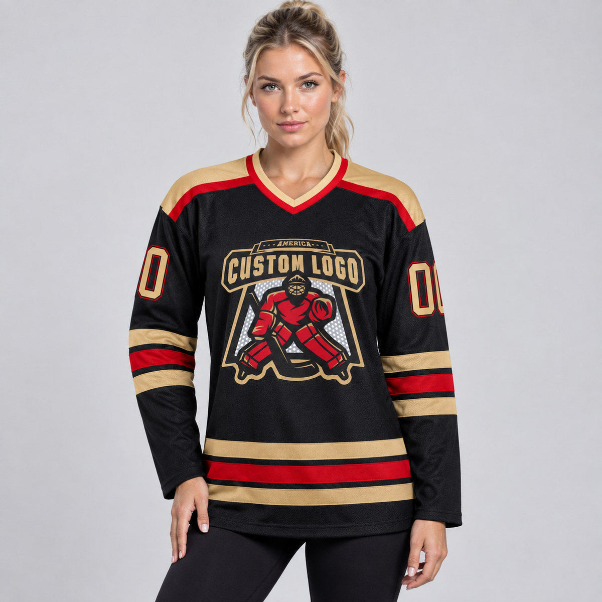 Custom Black Hockey Jersey with Old Gold and Red Lettering Design 1023 worn by female model