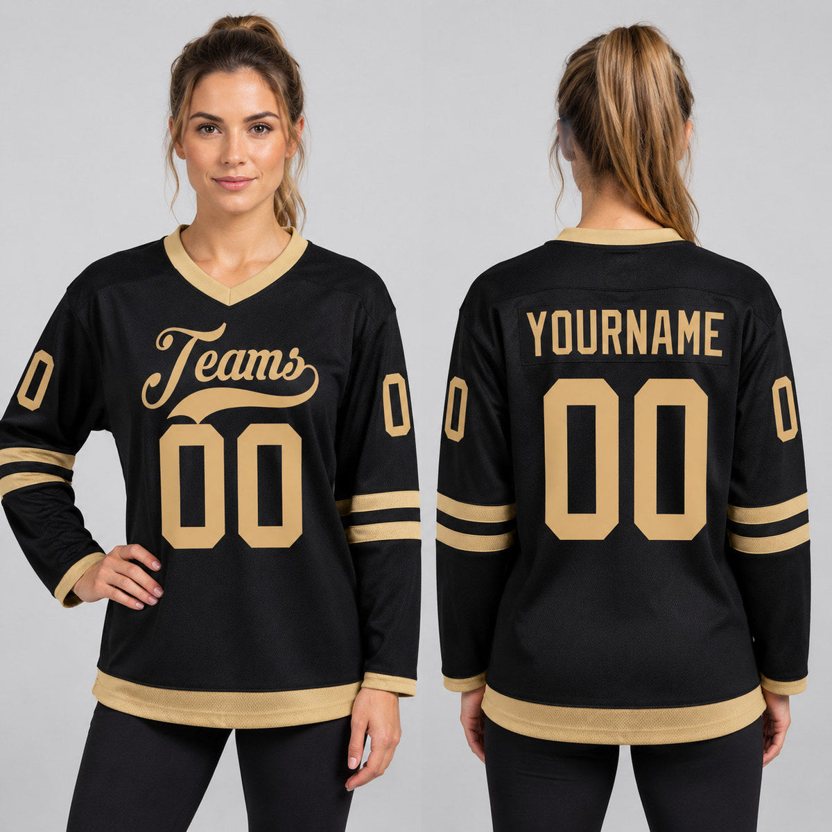 Custom Black Hockey Jersey with Old Gold Lettering Design 0730 worn by female model