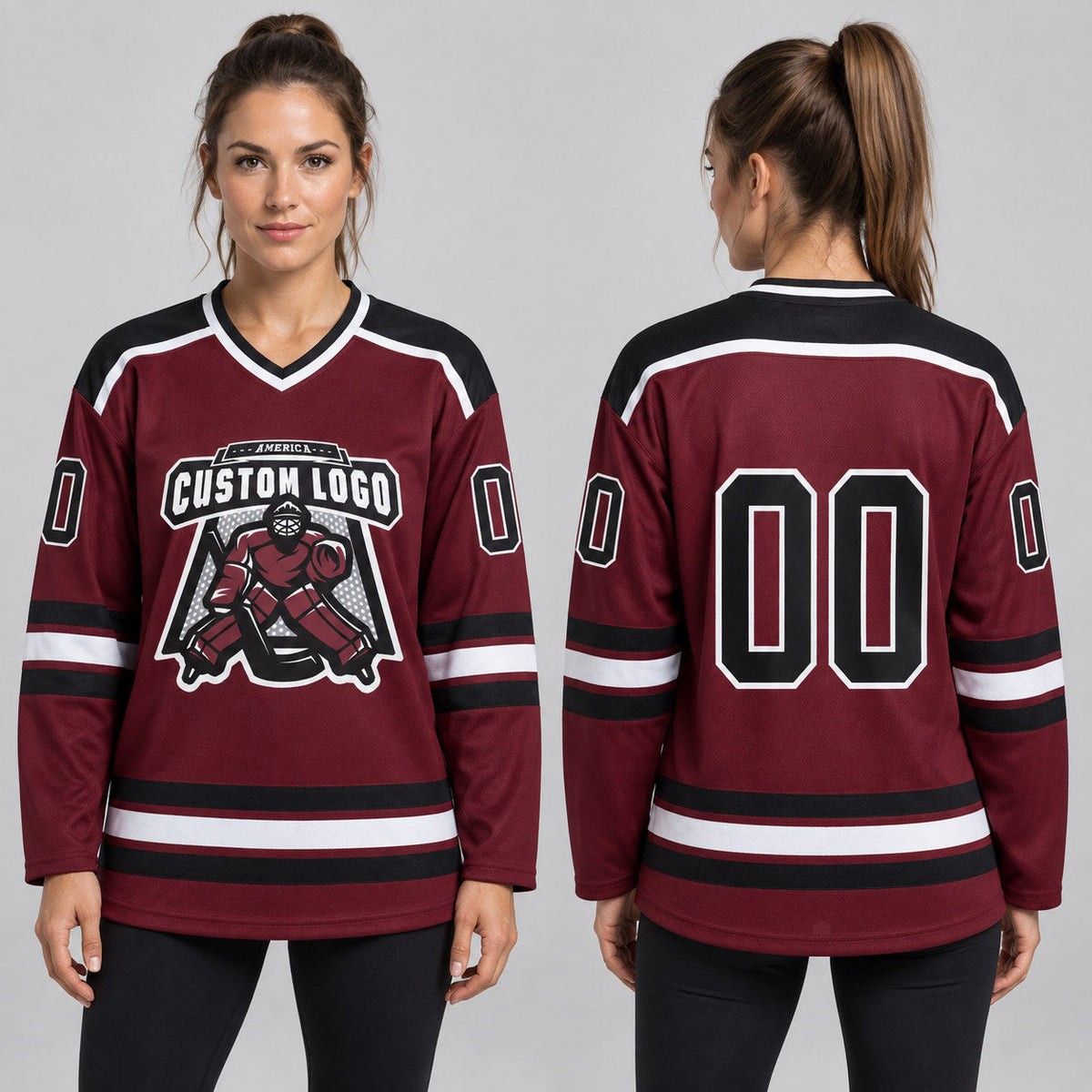 Custom Burgundy Hockey Jersey with Black and White Lettering worn by female model