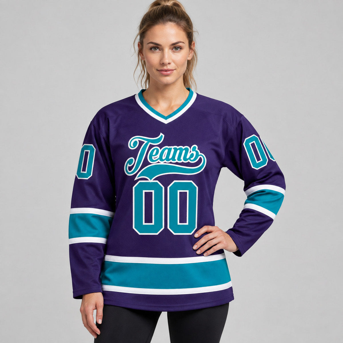 Custom Purple Hockey Jersey with Teal and White Lettering Design 0163 worn by female model