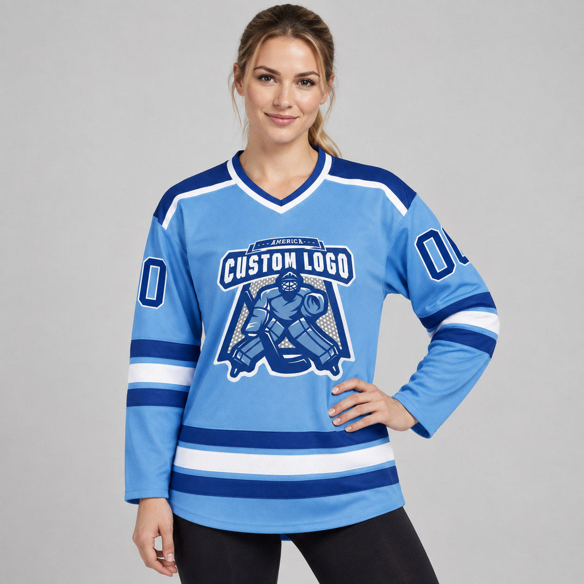Custom Light Blue Hockey Jersey with Royal and White Lettering Design 0269 worn by female model