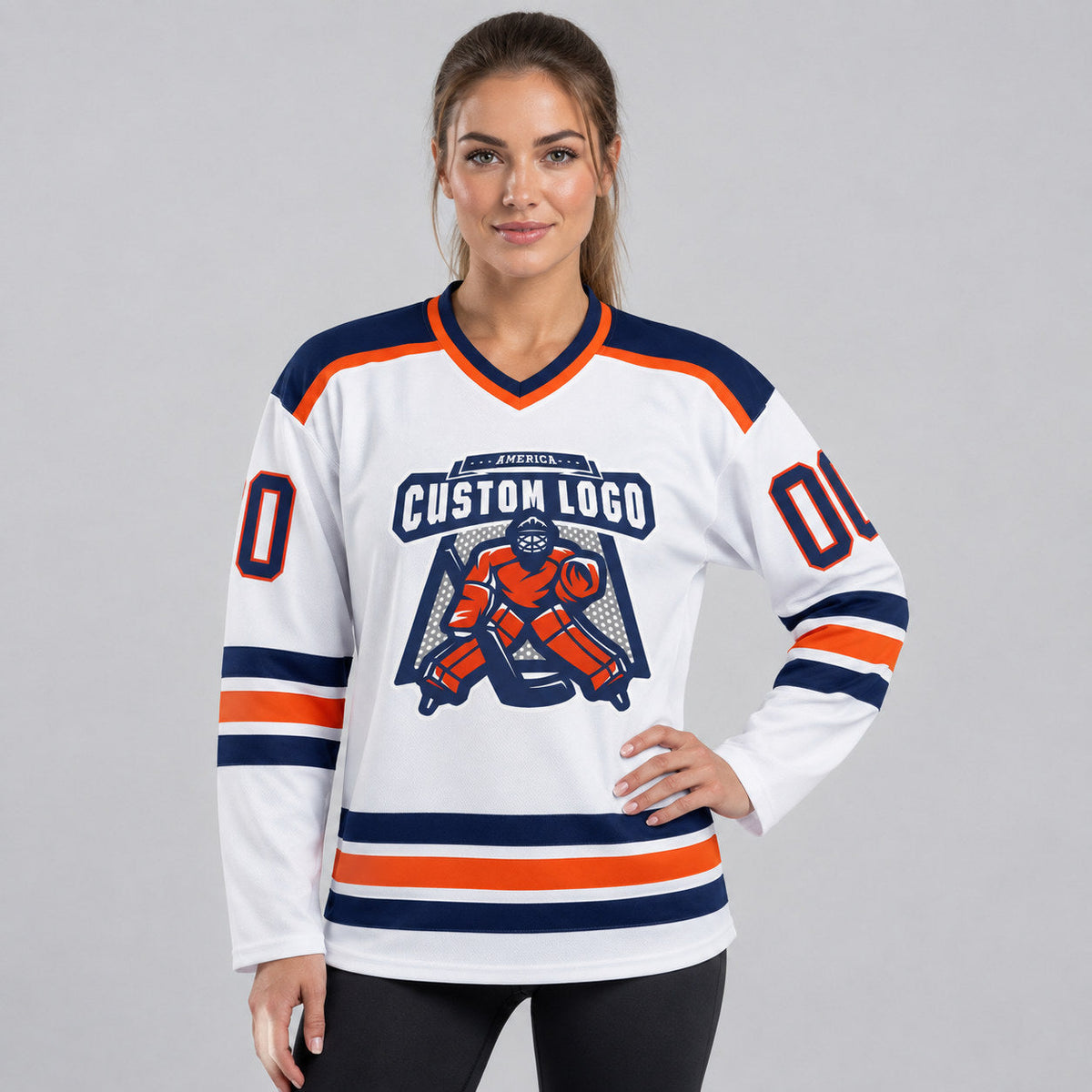 Custom White Hockey Jersey with Navy and Orange Lettering Design 1055 worn by female model