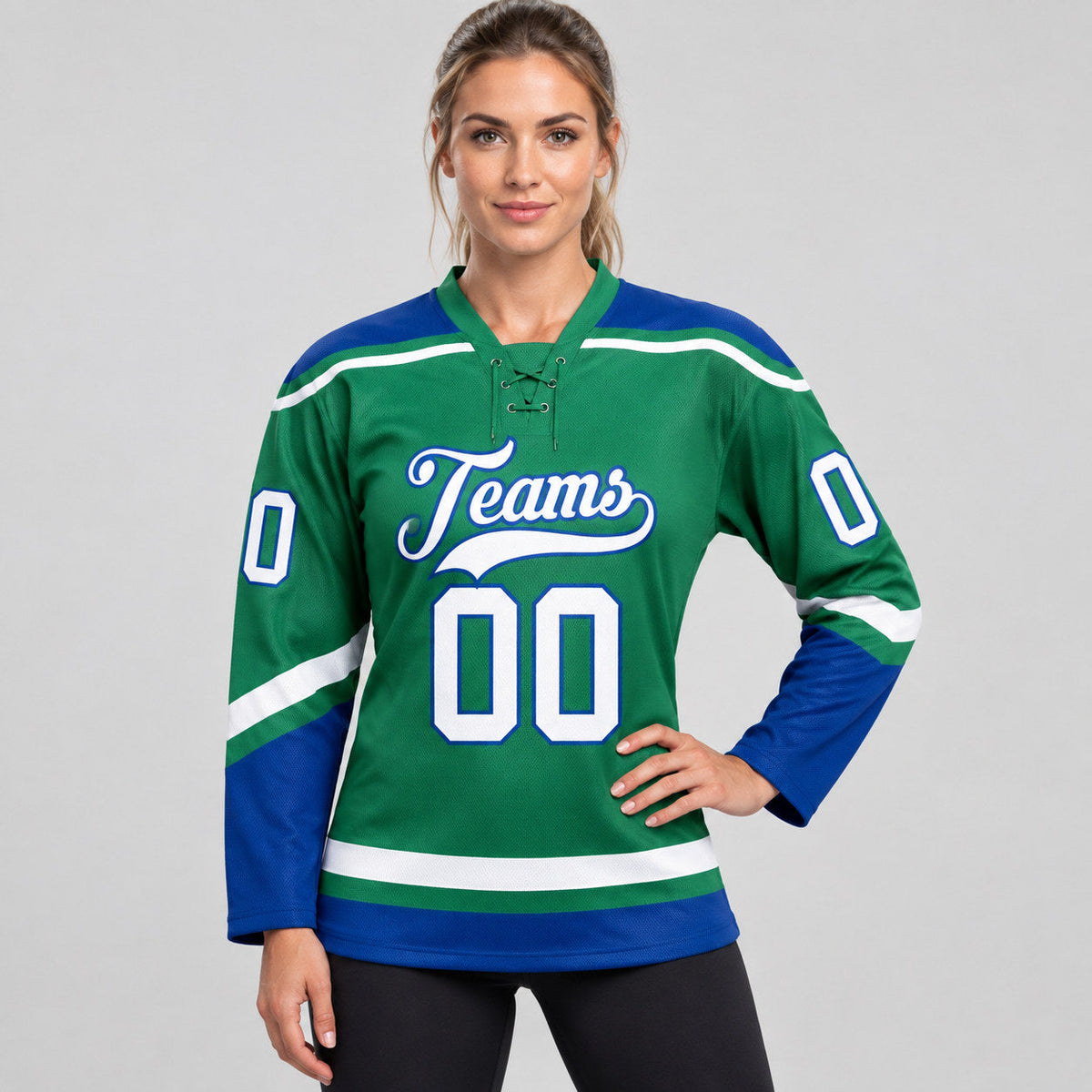 Custom Kelly Green Lace Neck Hockey Jersey with White and Royal Lettering Design 0475 worn by female model