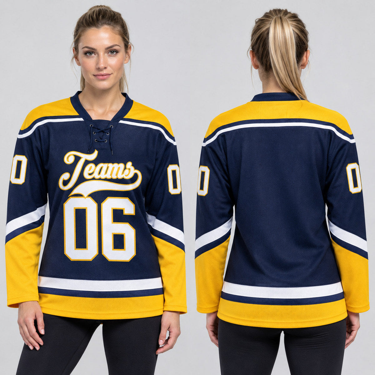 Custom Navy Lace Neck Hockey Jersey with White and Gold Lettering worn by female model