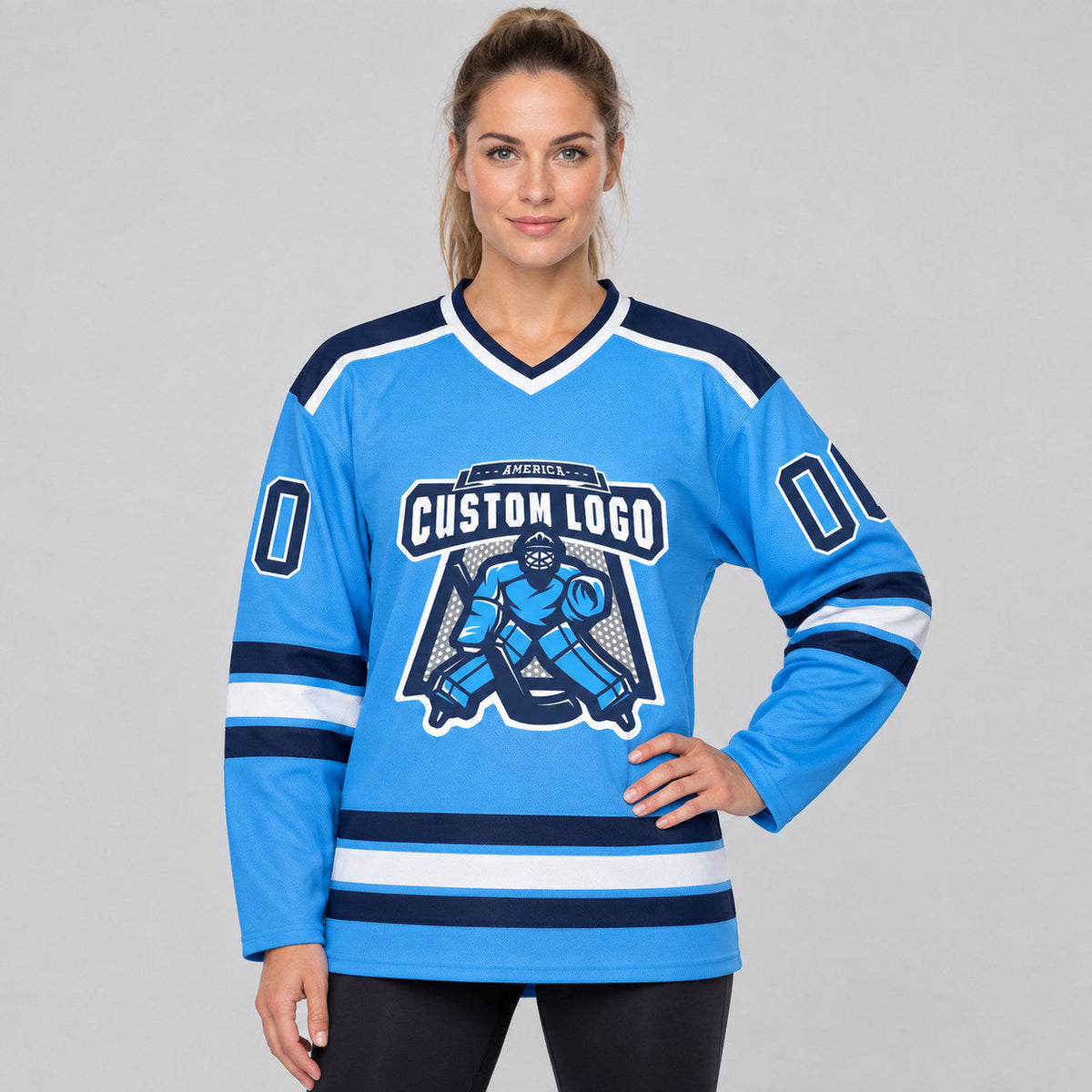 Custom Powder Blue Hockey Jersey with Navy and White Lettering worn by female model
