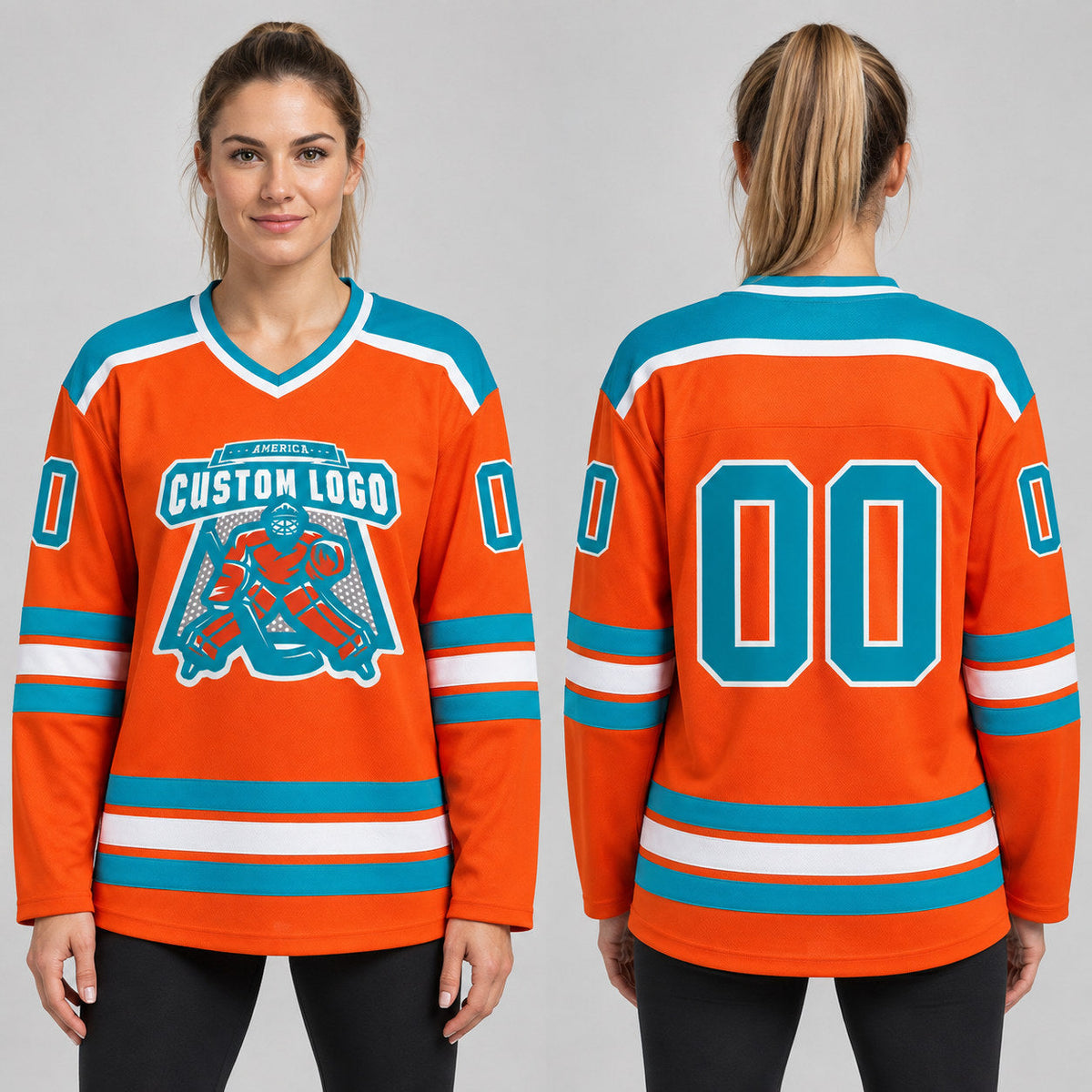 Custom Orange Hockey Jersey with Teal and White Lettering worn by female model