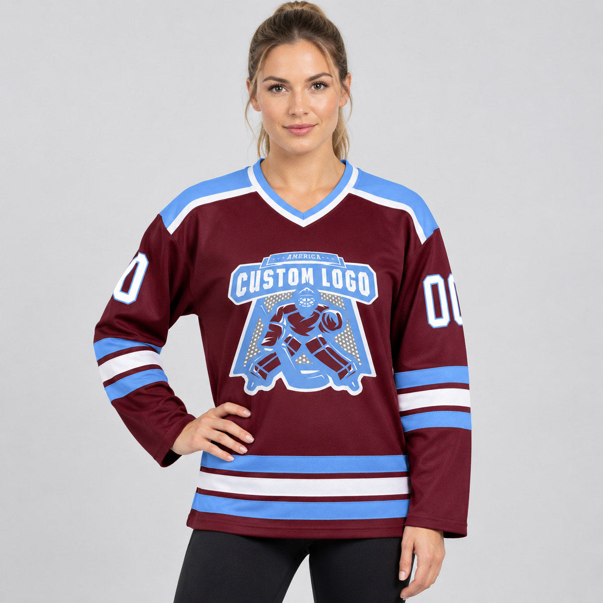 Custom Burgundy Hockey Jersey with White and Light Blue Lettering Design 0058 worn by female model