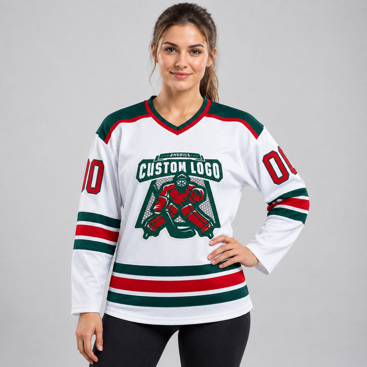 Custom White Hockey Jersey with Red and Green Lettering worn by female model