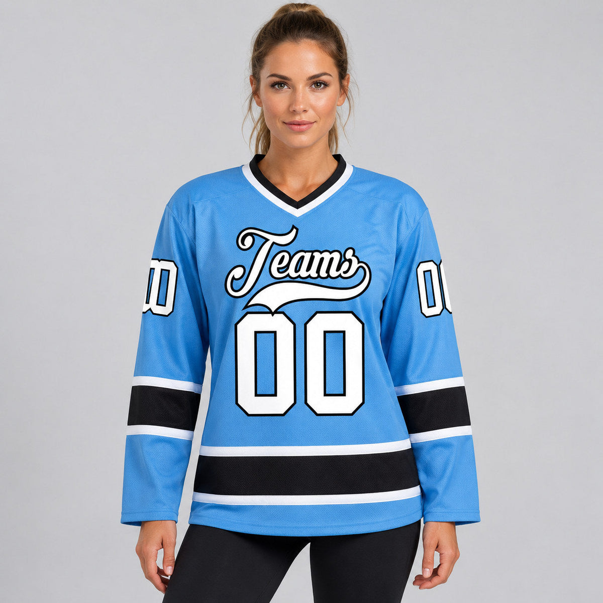 Custom Light Blue Hockey Jersey with White and Black Lettering worn by female model
