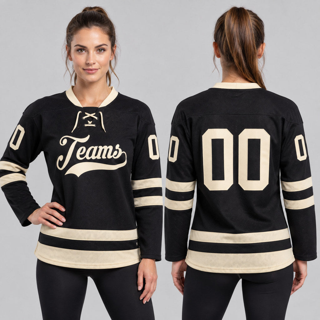 Custom Black Lace Neck Hockey Jersey with Cream Lettering worn by female model