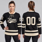Custom Black Lace Neck Hockey Jersey with Cream Lettering worn by female model