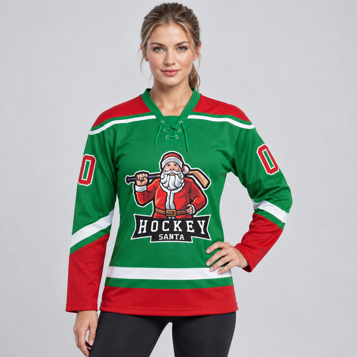 Custom Grass Green Christmas Santa Claus Lace Neck Hockey Jersey with Red and White Lettering Design 1825 worn by female model