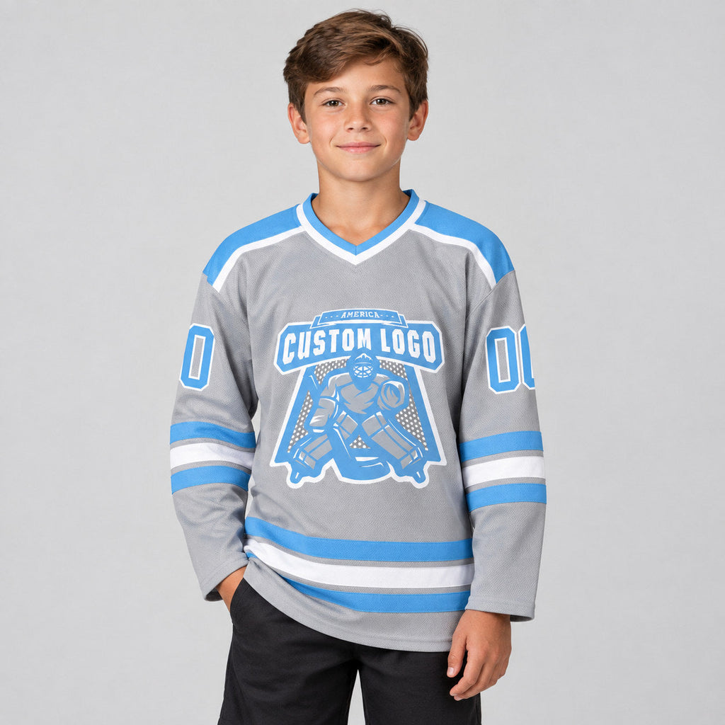 Custom Gray Hockey Jersey with Light Blue and White Lettering Design 0363 youth size worn by child model