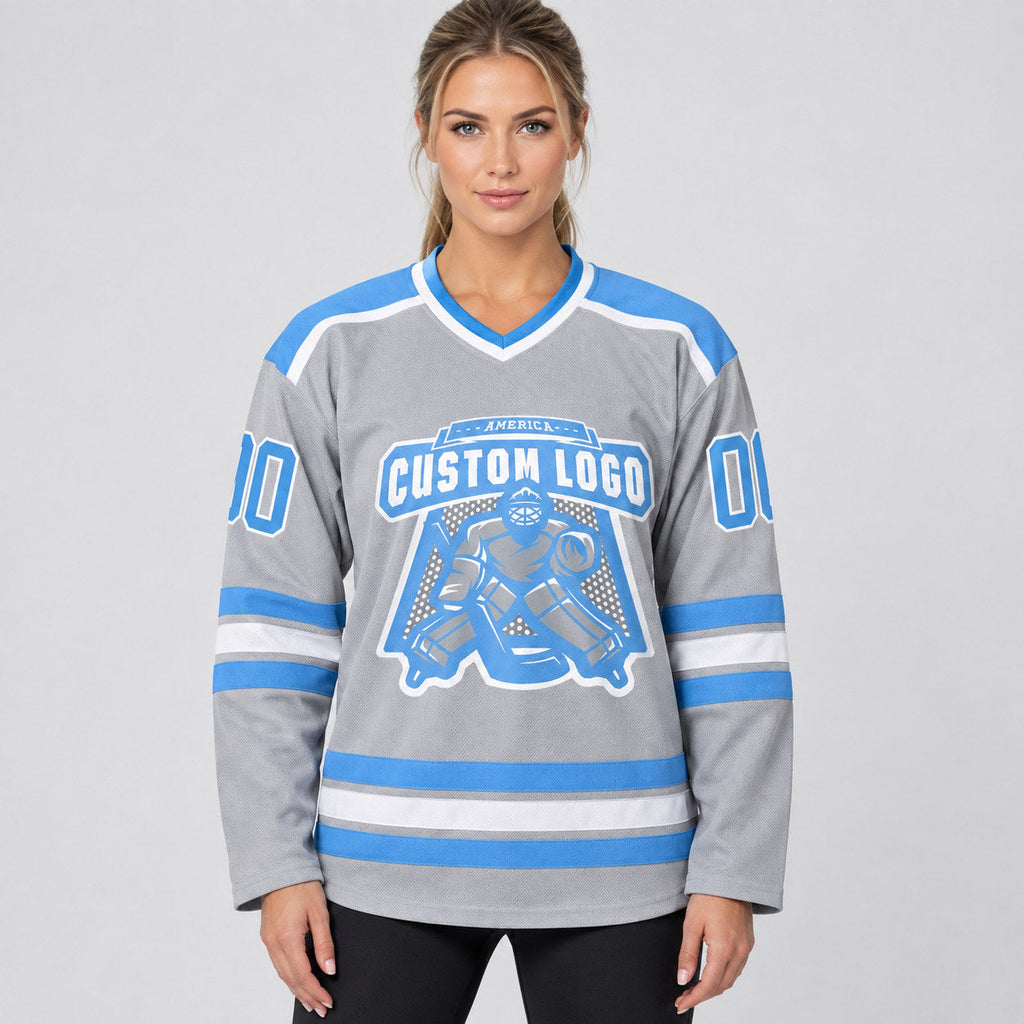 Custom Gray Hockey Jersey with Light Blue and White Lettering Design 0363 worn by female model