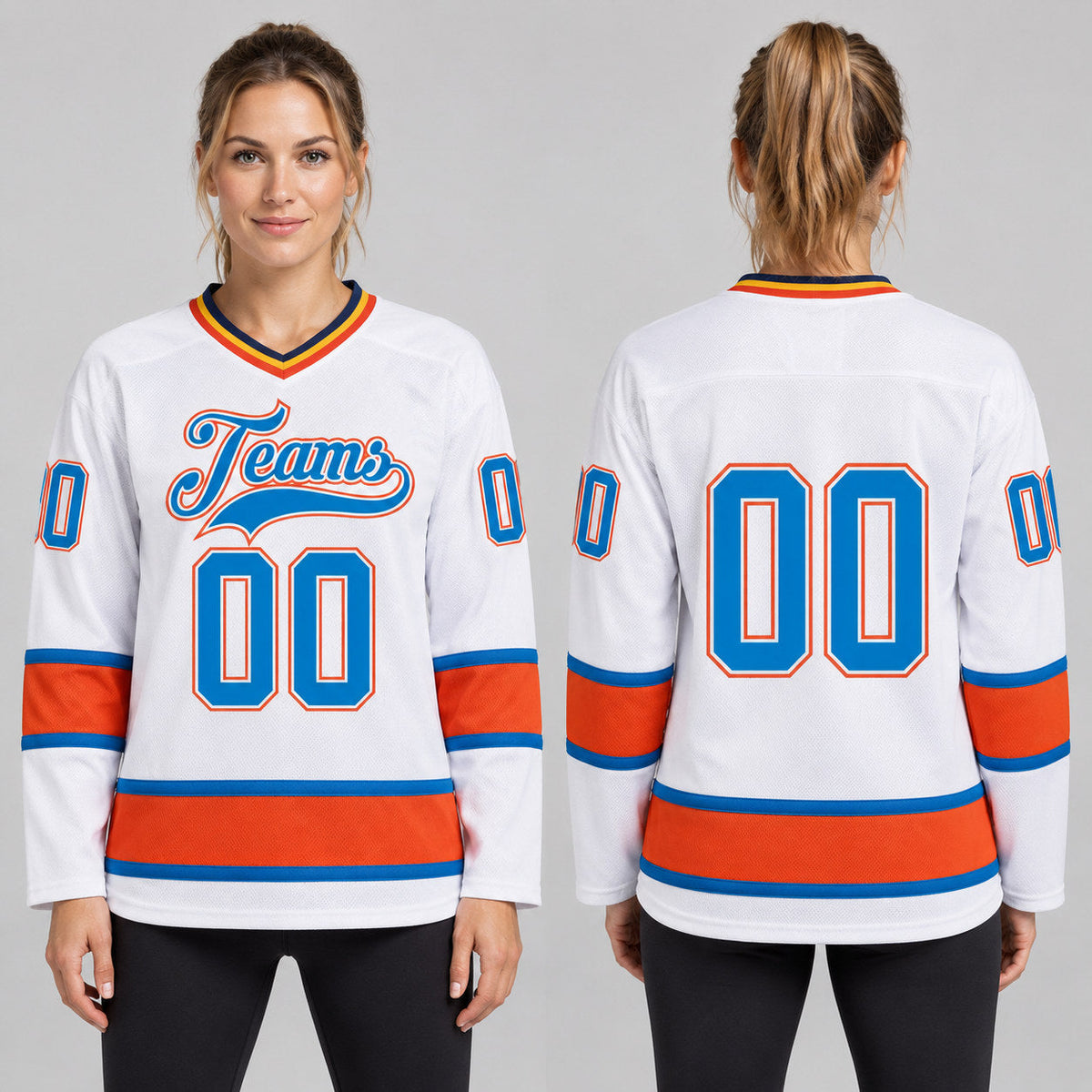 Custom White Hockey Jersey with Blue and Orange Lettering Design 0673 worn by female model